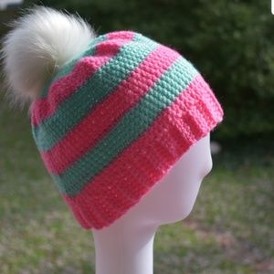 Bubble Gum Pink & Mint Crochet Knit Beanie Hat